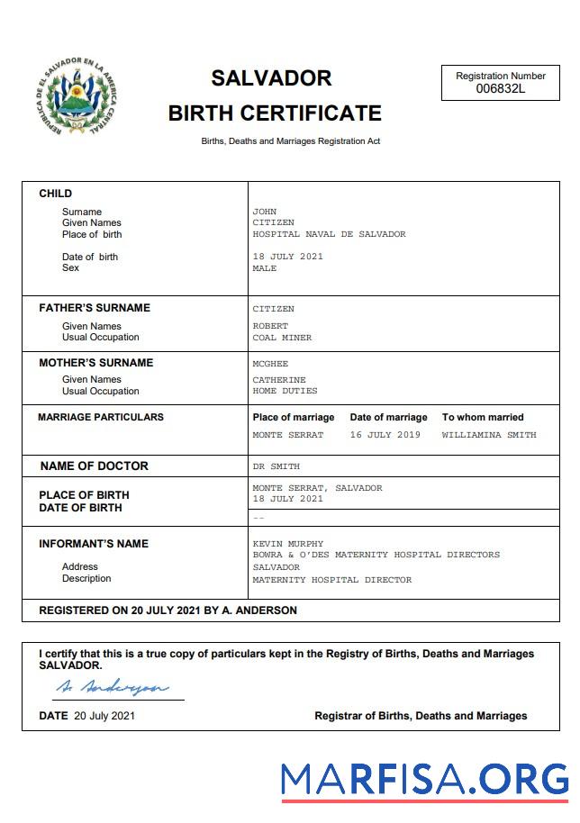 Blank Salvador birth certificate Word and PDF template